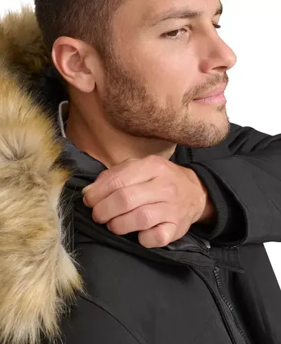 Men's Long Parka with Faux-Fur Lined Hood-Black - 5