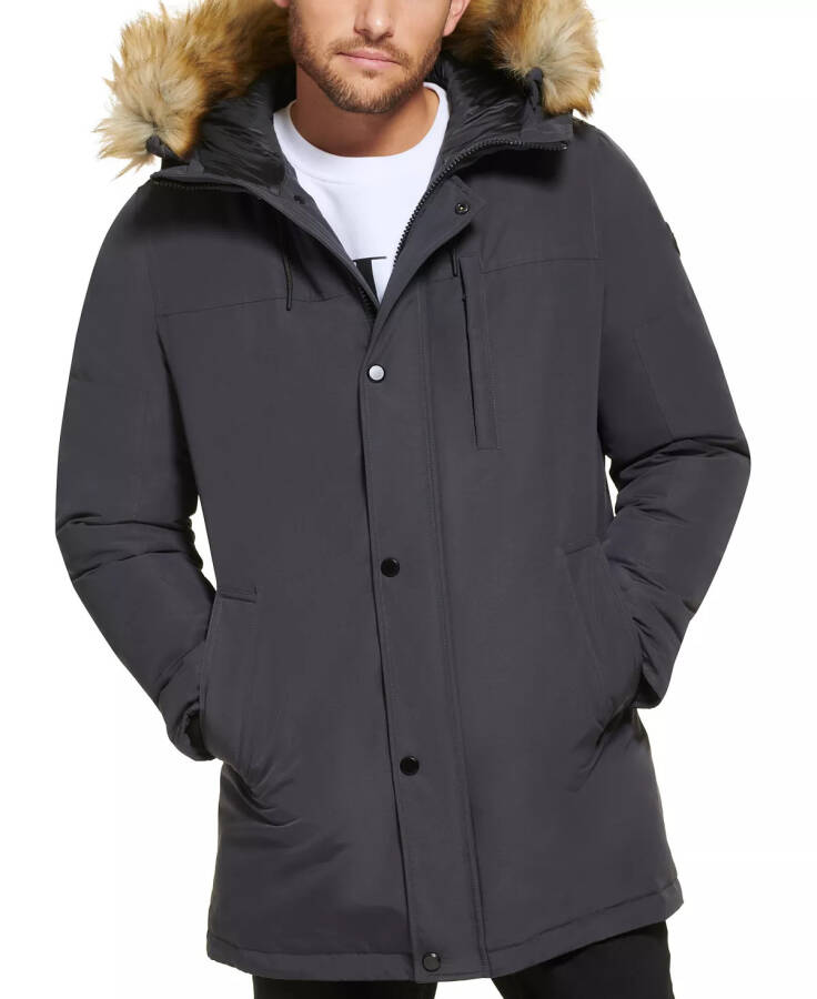 Men's Long Parka with Faux-Fur Lined Hood - Iron - 1