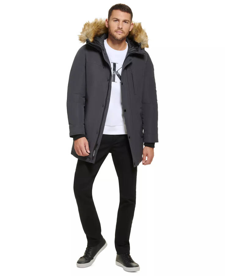 Men's Long Parka with Faux-Fur Lined Hood - Iron - 11