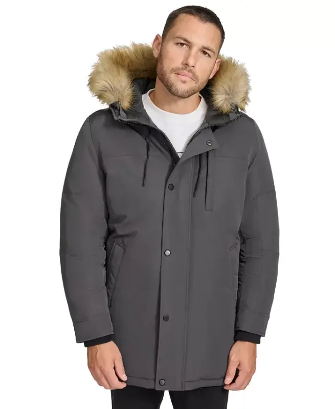 Men's Long Parka with Faux-Fur Lined Hood - Iron - CALVIN KLEIN