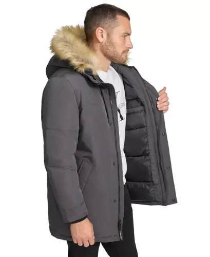 Men's Long Parka with Faux-Fur Lined Hood - Iron - 3