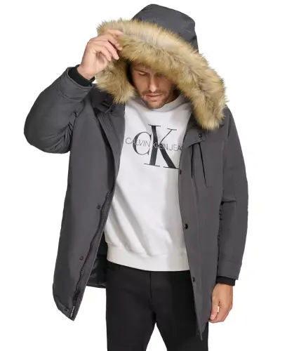 Men's Long Parka with Faux-Fur Lined Hood - Iron - 4