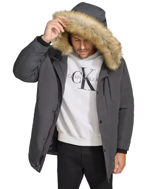 Men's Long Parka with Faux-Fur Lined Hood - Iron - 4