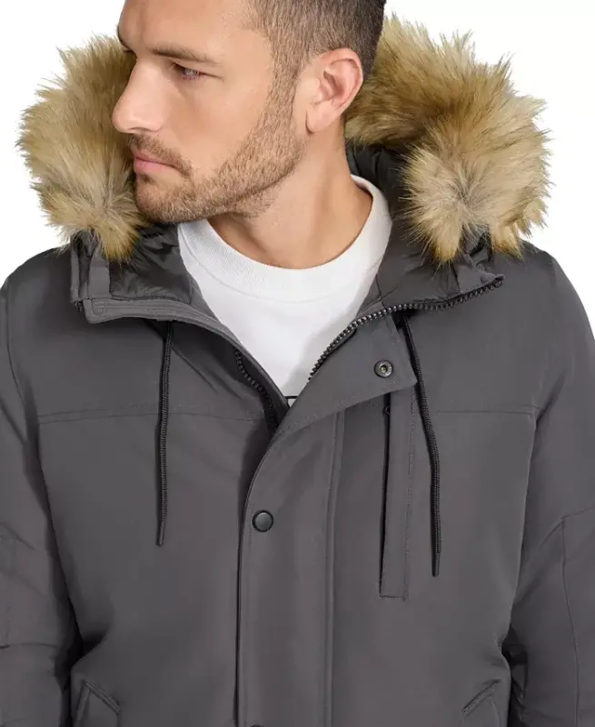 Men's Long Parka with Faux-Fur Lined Hood - Iron - 5