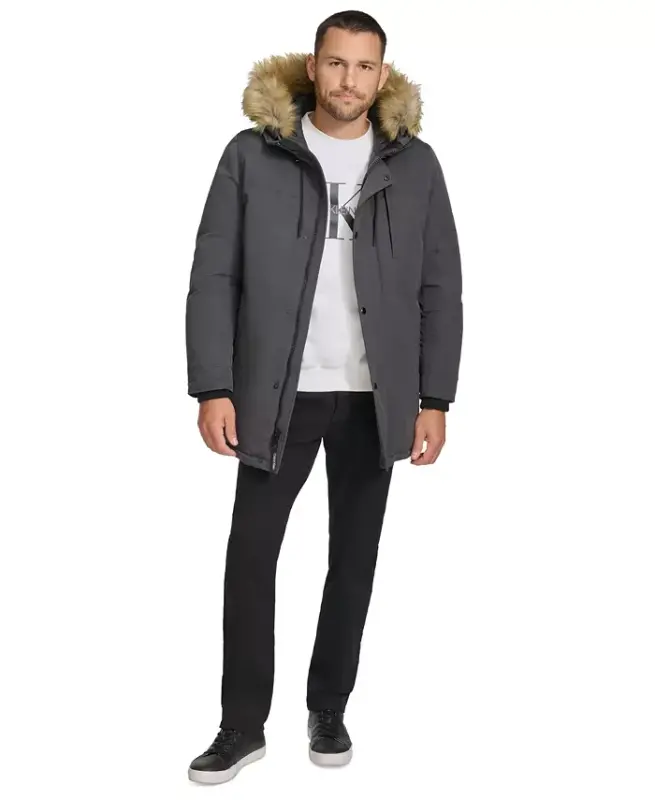 Men's Long Parka with Faux-Fur Lined Hood - Iron - 6
