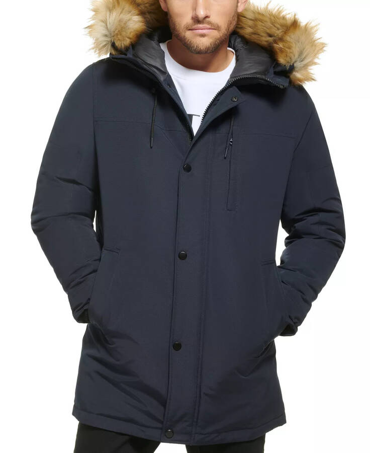 Men's Long Parka with Faux-Fur Lined Hood Navy - 1