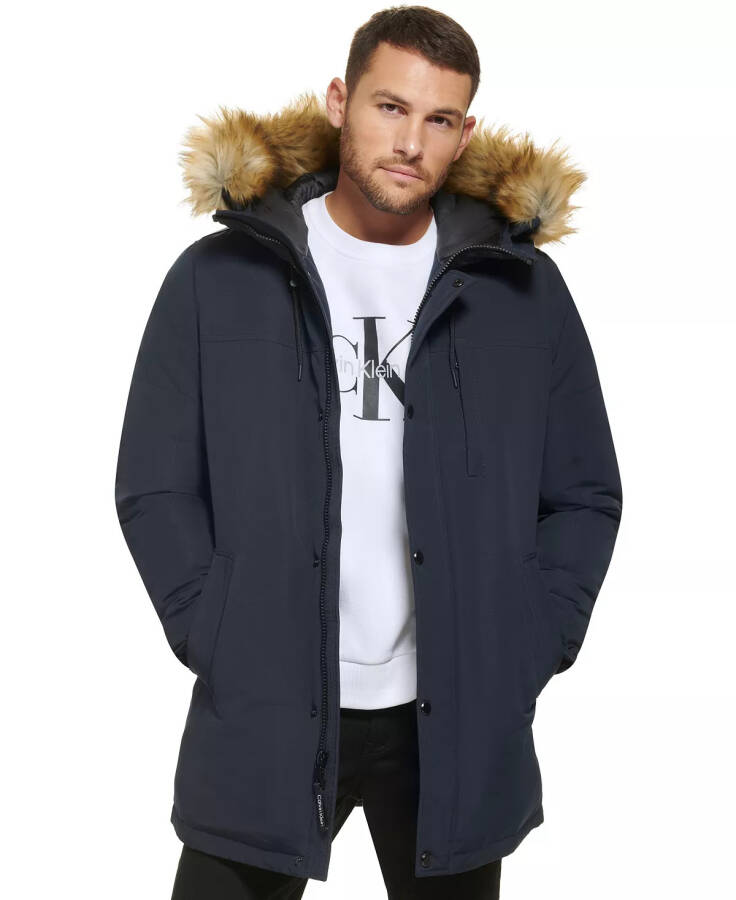 Men's Long Parka with Faux-Fur Lined Hood Navy - 3