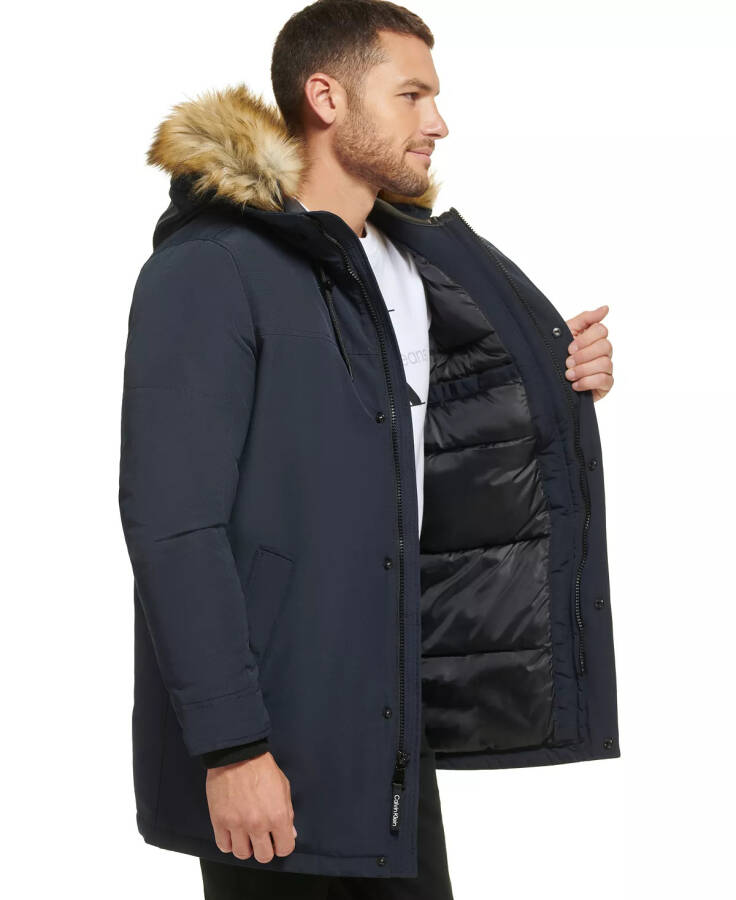 Men's Long Parka with Faux-Fur Lined Hood Navy - 4