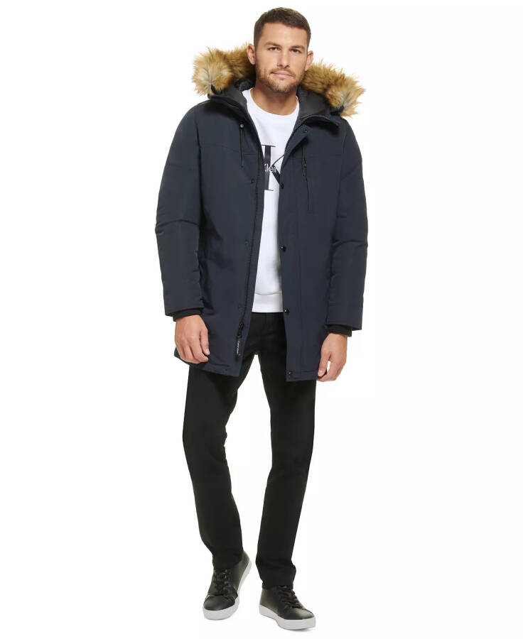 Men's Long Parka with Faux-Fur Lined Hood Navy - 5