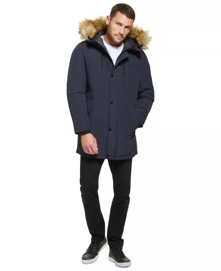 Men's Long Parka with Faux-Fur Lined Hood Navy - 6