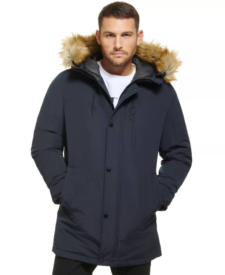 Men's Long Parka with Faux-Fur Lined Hood Navy - 7