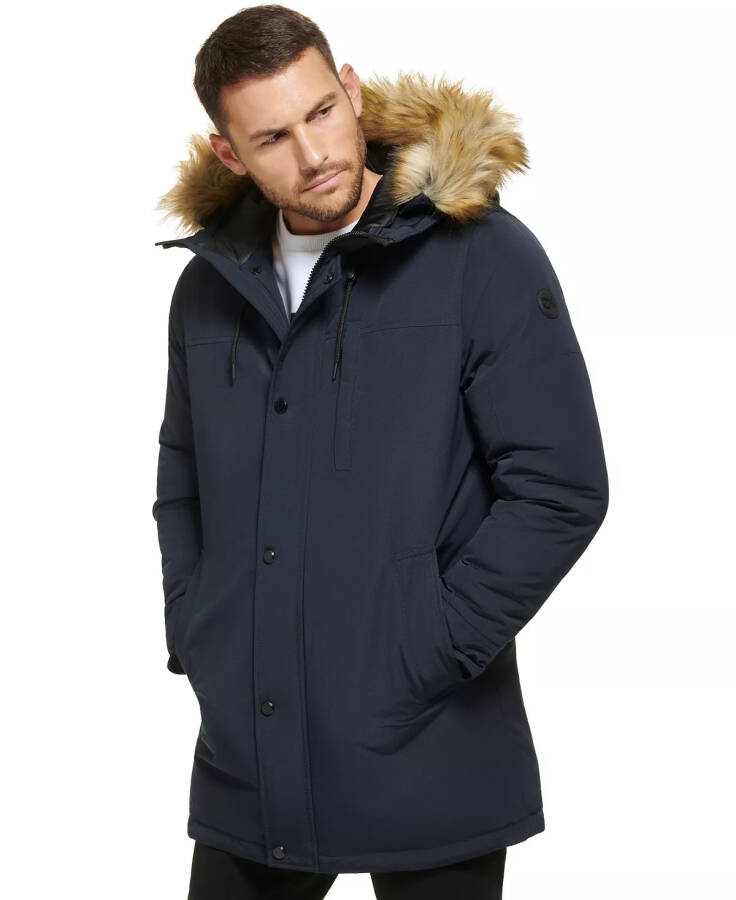 Men's Long Parka with Faux-Fur Lined Hood Navy - 8