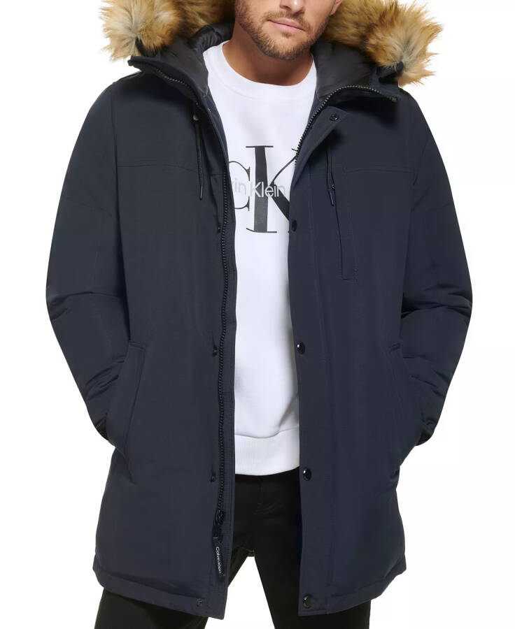 Men's Long Parka with Faux-Fur Lined Hood Navy - 11