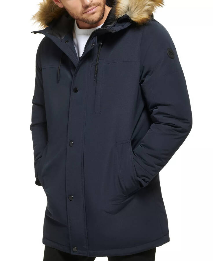 Men's Long Parka with Faux-Fur Lined Hood Navy - 12