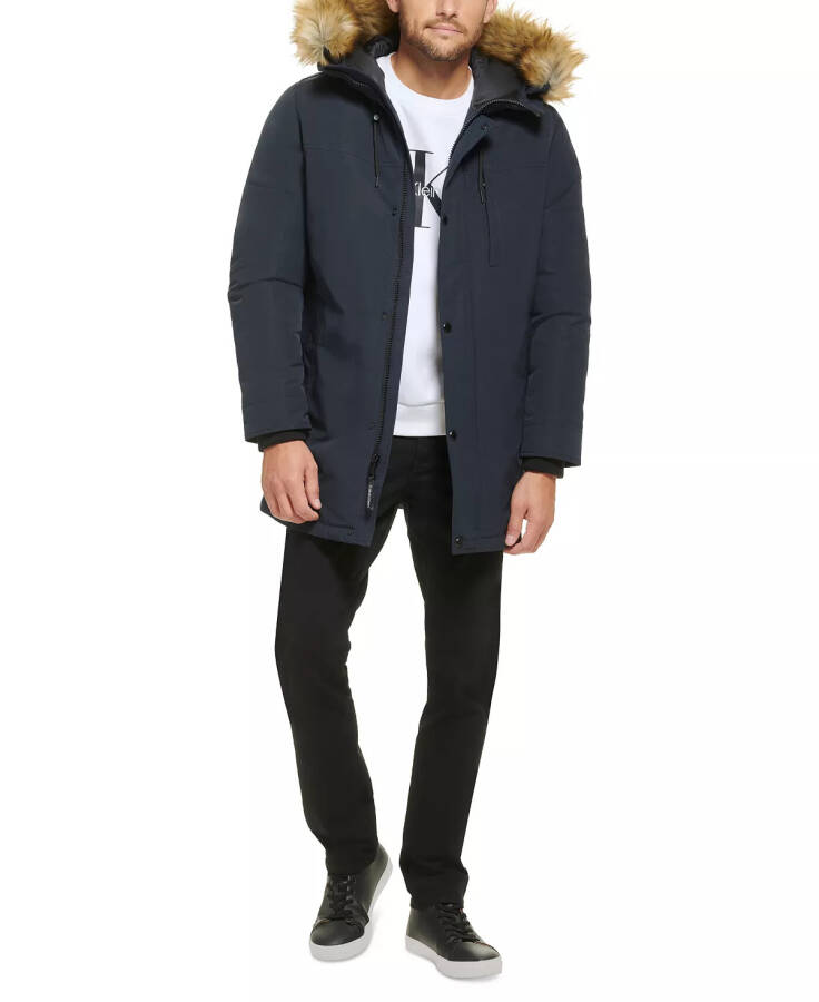 Men's Long Parka with Faux-Fur Lined Hood Navy - 13