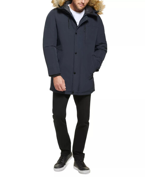 Men's Long Parka with Faux-Fur Lined Hood Navy - 14