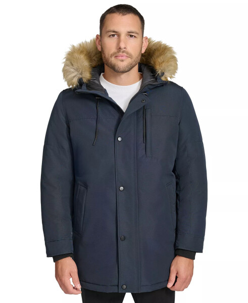 Men's Long Parka with Faux-Fur Lined Hood Navy - 1