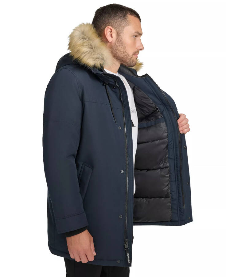 Men's Long Parka with Faux-Fur Lined Hood Navy - 3