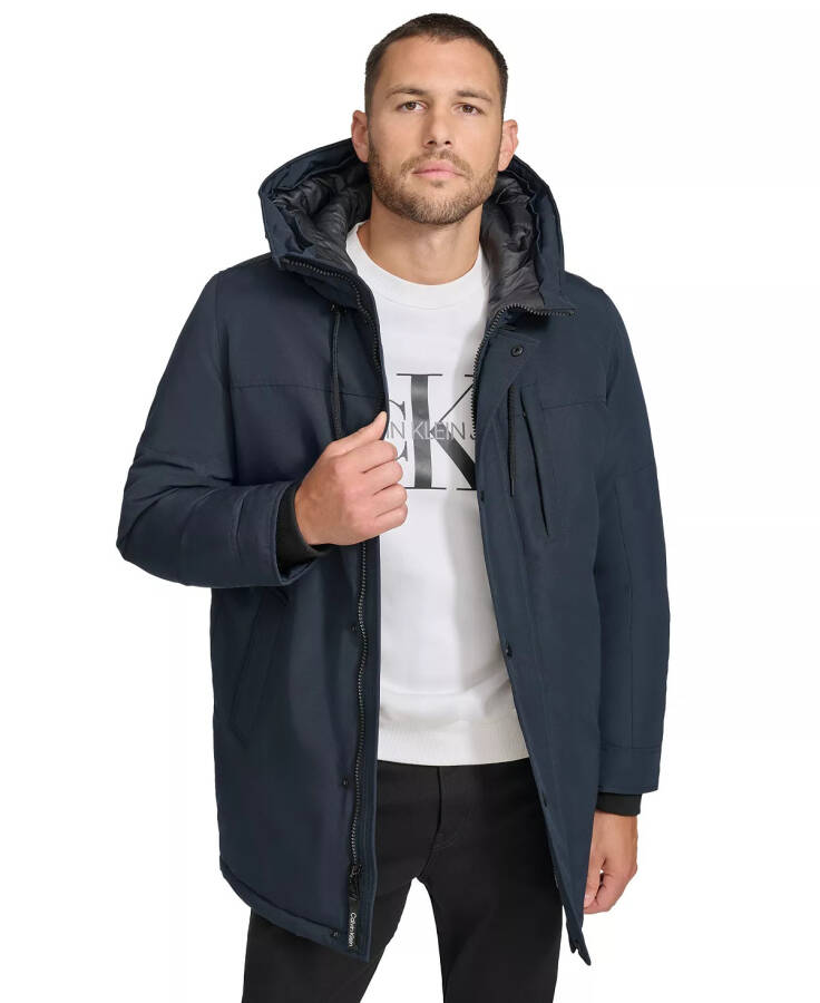 Men's Long Parka with Faux-Fur Lined Hood Navy - 4