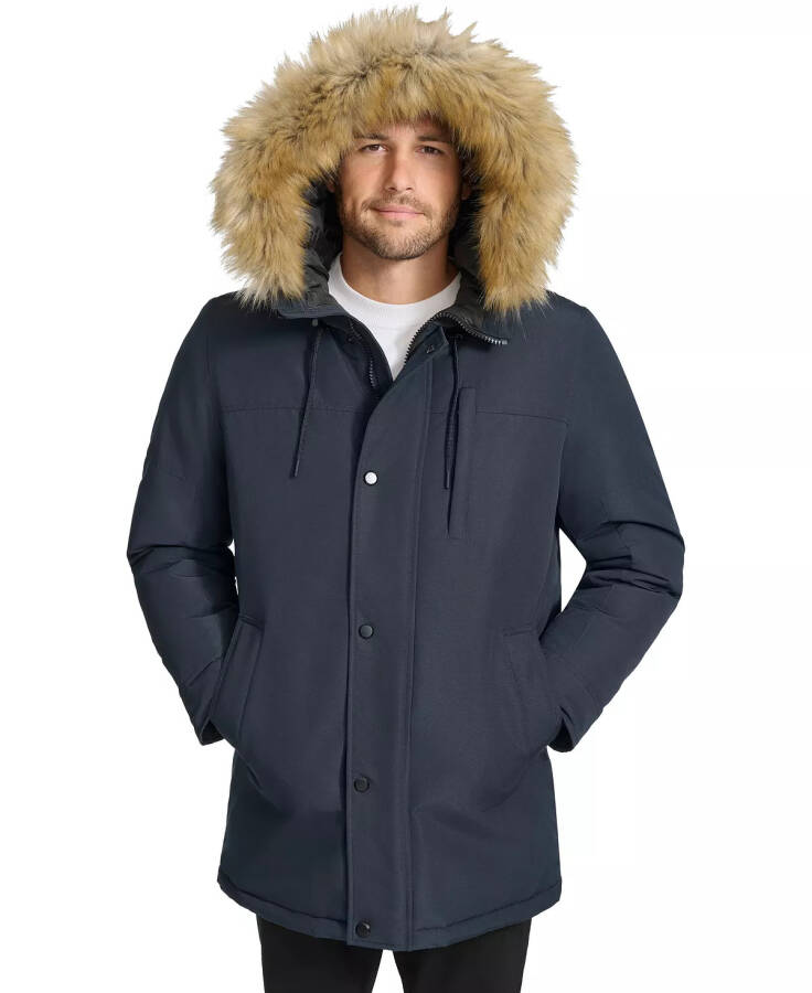 Men's Long Parka with Faux-Fur Lined Hood Navy - 6