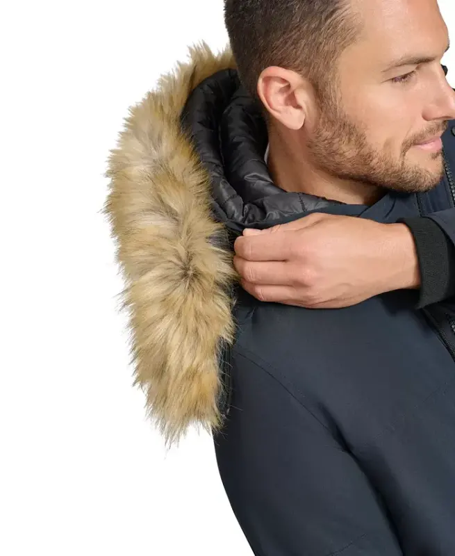 Men's Long Parka with Faux-Fur Lined Hood - Navy - 5