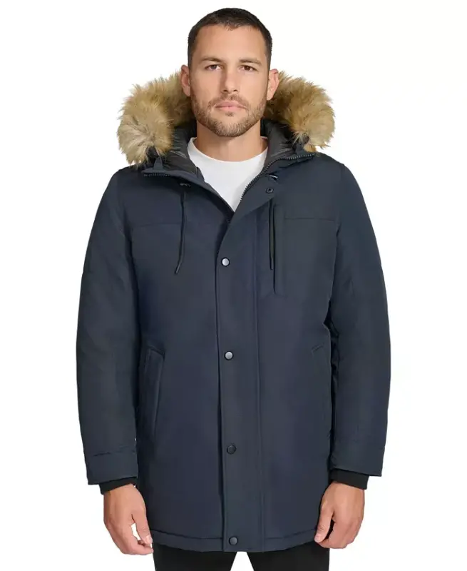Men's Long Parka with Faux-Fur Lined Hood - Navy - 1