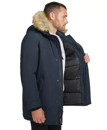Men's Long Parka with Faux-Fur Lined Hood - Navy - 3