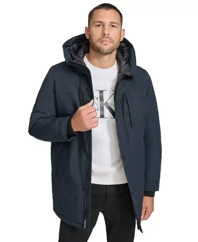 Men's Long Parka with Faux-Fur Lined Hood - Navy - 4