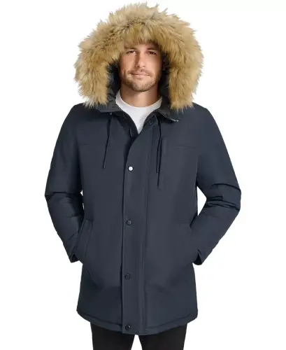 Men's Long Parka with Faux-Fur Lined Hood - Navy - 6