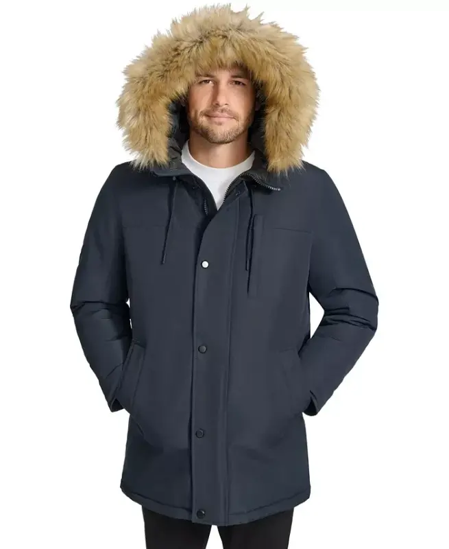 Men's Long Parka with Faux-Fur Lined Hood - Navy - 6