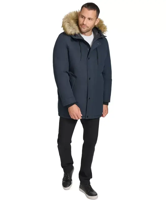 Men's Long Parka with Faux-Fur Lined Hood - Navy - 7