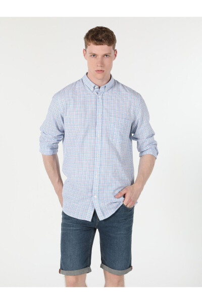 Men's long sleeve, blue striped, regular fit shirt. - 1