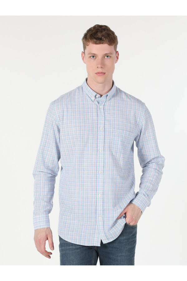 Men's long sleeve, blue striped, regular fit shirt. - 4