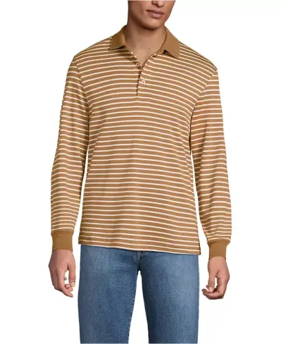 Men's Long Sleeve Cotton Supima Polo Shirt - Canyon camel stripe 