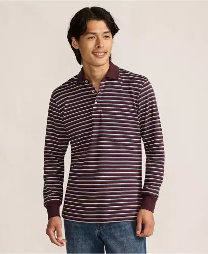 Men's Long Sleeve Cotton Supima Polo Shirt - Lush burgundy/blue stripe 