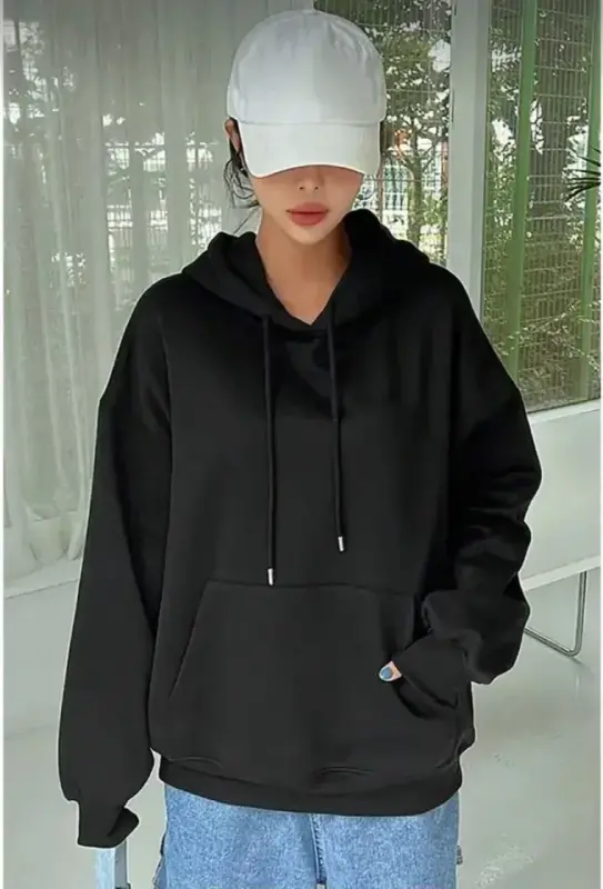 Men's Long Sleeve Hooded Basic Sweatshirt Hoodie - Black - BÜYÜKBEDENIZ
