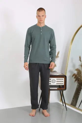 Men's Long Sleeve Knitted Pajama Set 6860 Khaki - 3