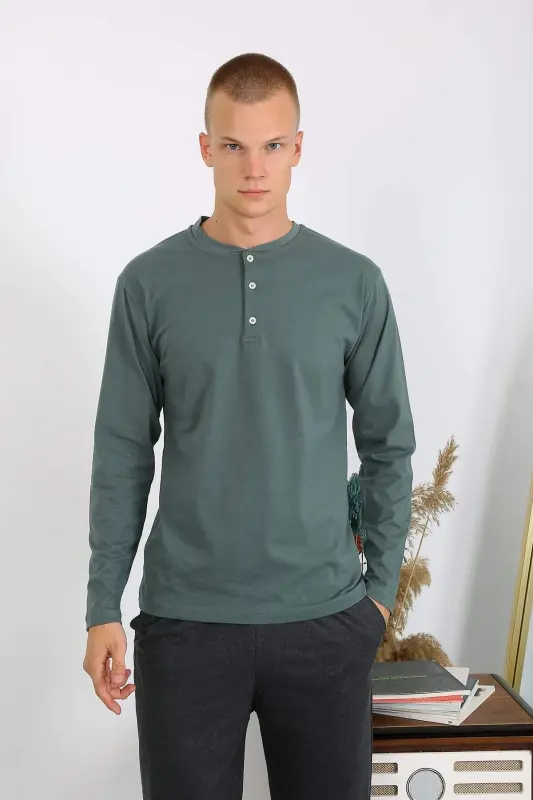 Men's Long Sleeve Knitted Pajama Set 6860 Khaki - 4