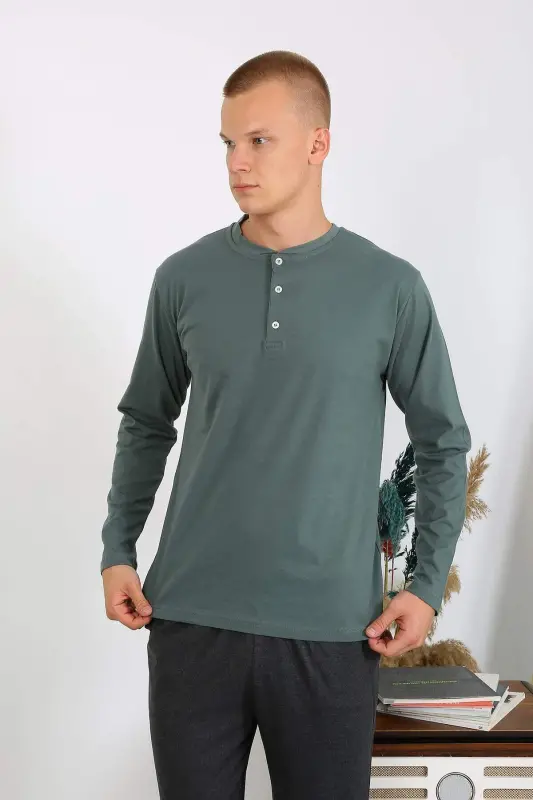 Men's Long Sleeve Knitted Pajama Set 6860 Khaki - 5