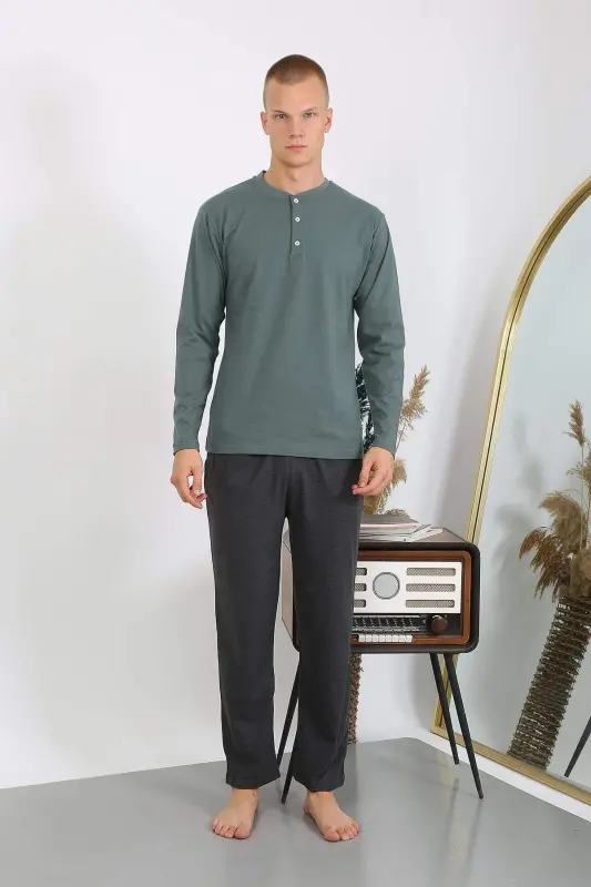 Men's Long Sleeve Knitted Pajama Set 6860 Khaki - 9