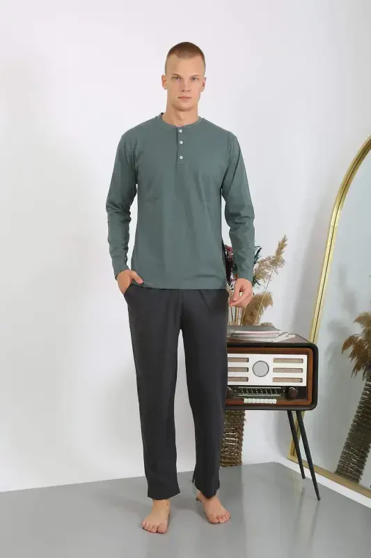 Men's Long Sleeve Knitted Pajama Set 6860 Khaki - 17