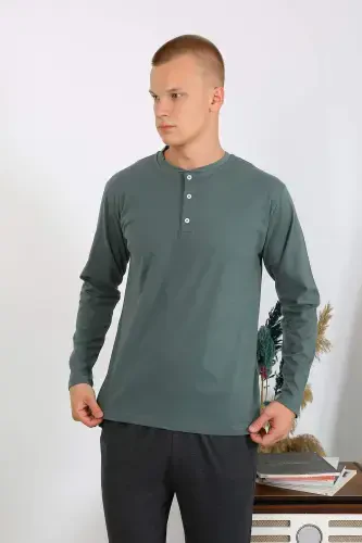 Men's Long Sleeve Knitted Pajama Set 6860 Khaki - 11