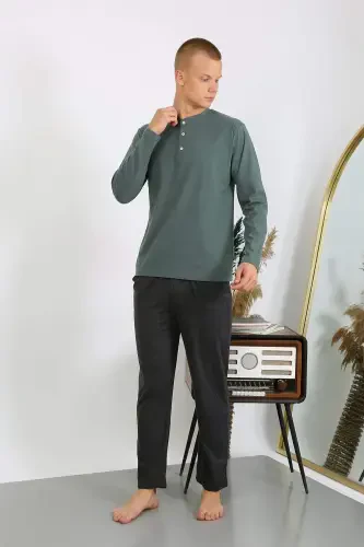 Men's Long Sleeve Knitted Pajama Set 6860 Khaki - 13