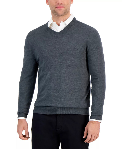 Men's Long-Sleeve V-Neck Merino Sweater, Created for Modazone Dark Lead Heather - 5