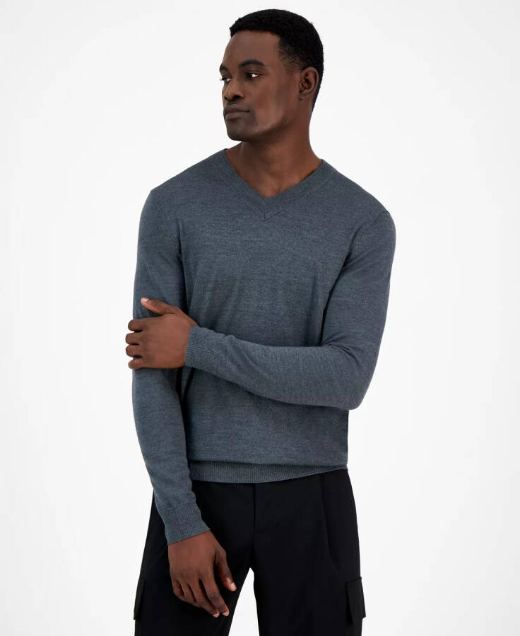 Men's Long-Sleeve V-Neck Merino Sweater, Created for Modazone Dark Lead Heather - 1