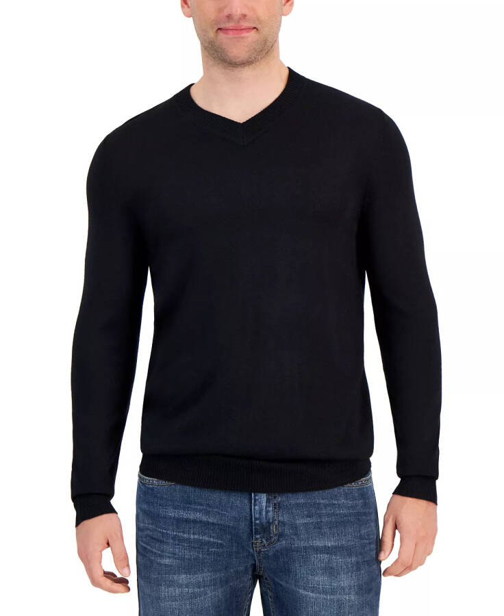 Men's Long-Sleeve V-Neck Merino Sweater, Created for Modazone Deep Black - 5