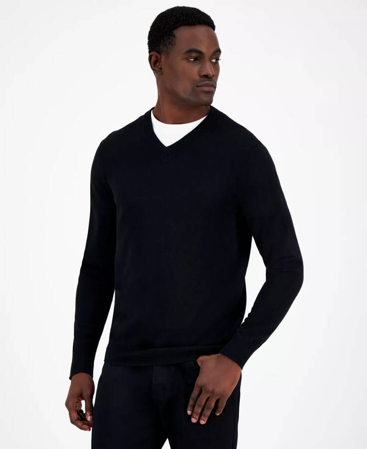 Men's Long-Sleeve V-Neck Merino Sweater, Created for Modazone Deep Black - 1