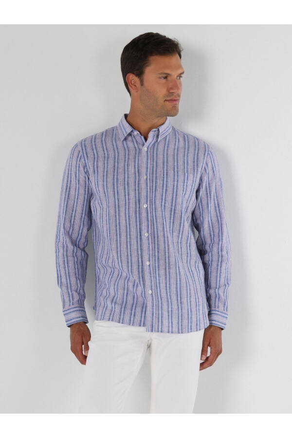 Men's long-sleeved, blue striped, regular fit shirt. - 1