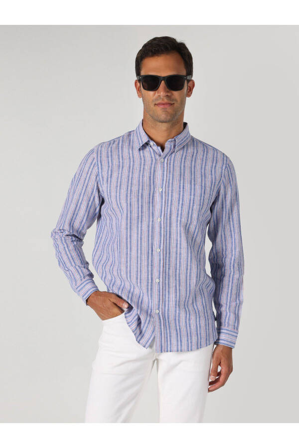 Men's long-sleeved, blue striped, regular fit shirt. - 4