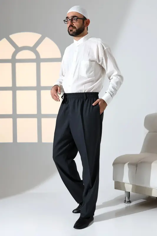 Men's Loose Fit Elastic Waist Pocketed Ihram and Umrah Pants - Anthracite (ISN) - 5
